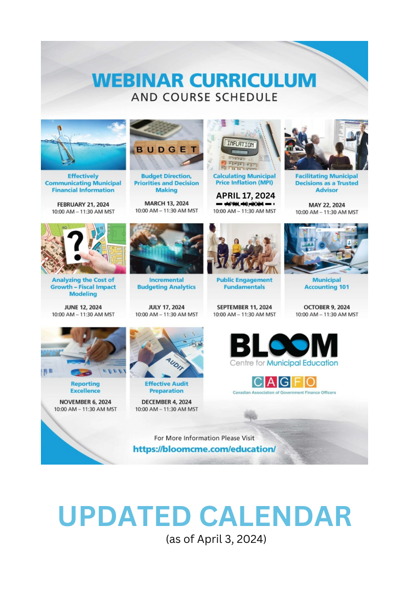 Updated Finance Webinar schedule Bloom / CAGFO 2024